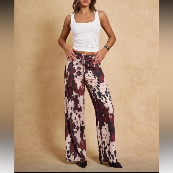 Wide-Leg Cow Print Pants - Brown & Cream - Picture 3 of 7